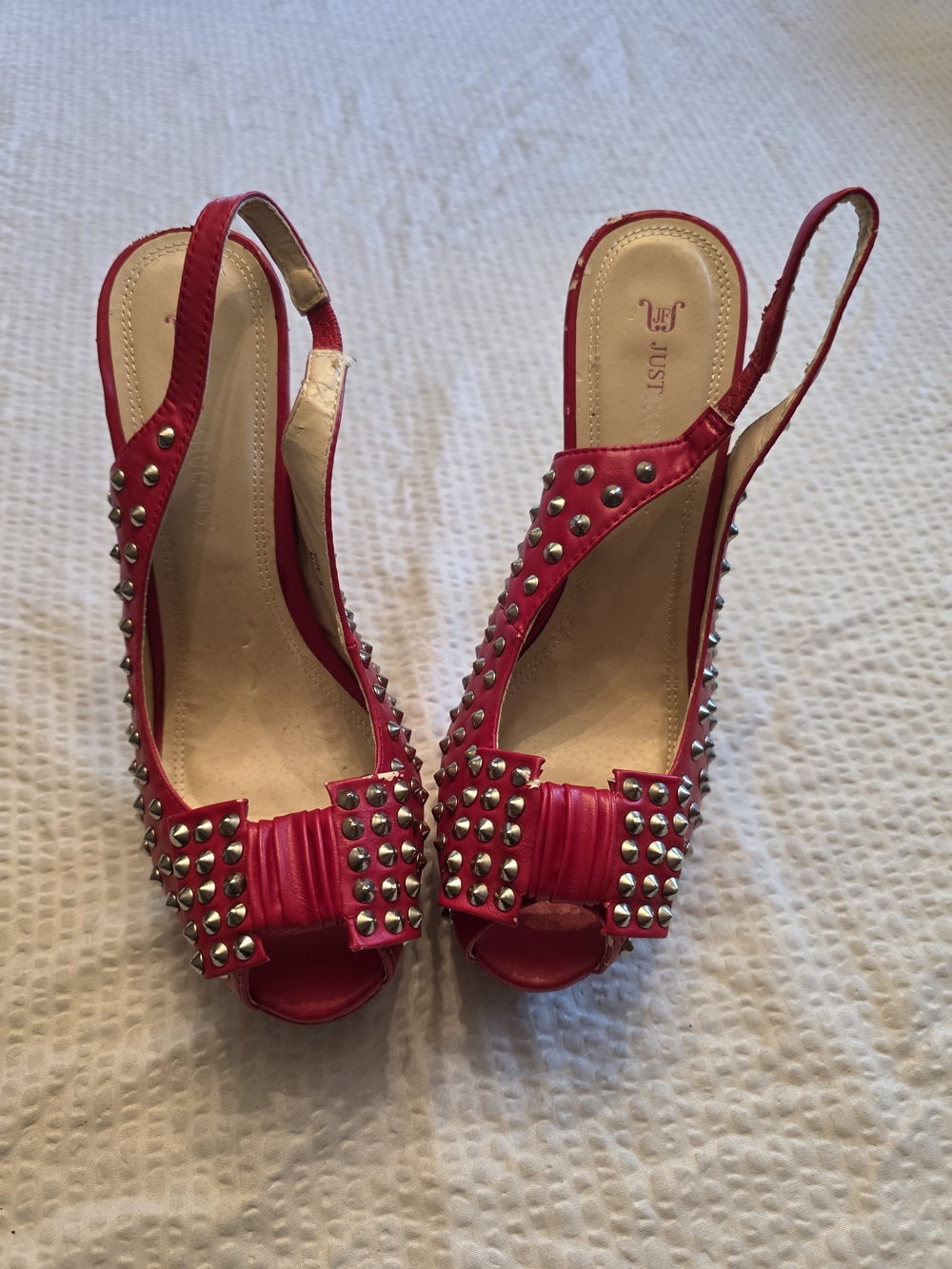 JustFab Red Studded Slingback Peep-Toe Heels 8